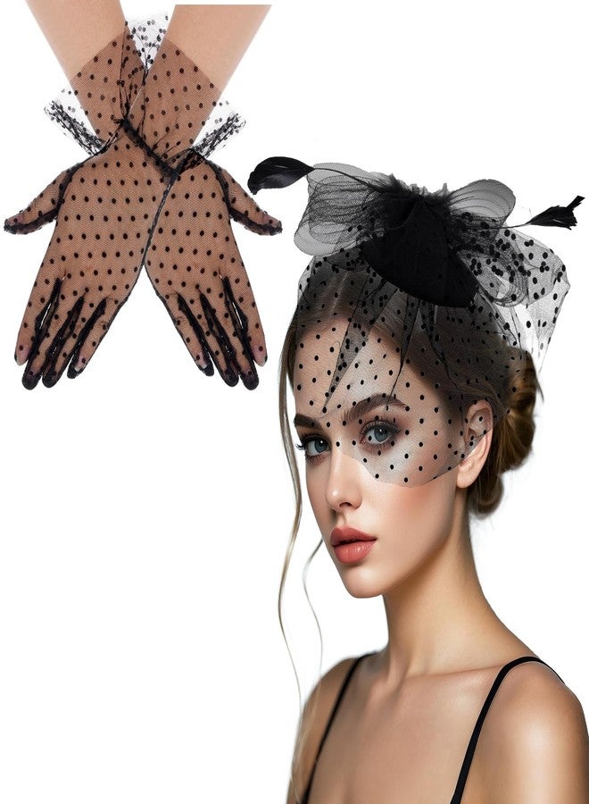phnydreg 2 Pcs Fascinator Hat Set Headband Gloves for Women (US, Alpha, One Size, Black) - Image 1